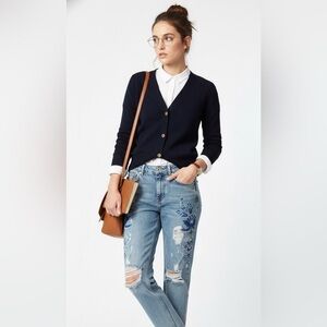 Topshop Blue Distressed Cropped Jeans With Floral Embroidered